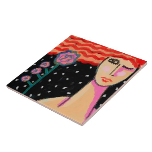 Red Hair Pink Roses Abstract Art タイル (側面)