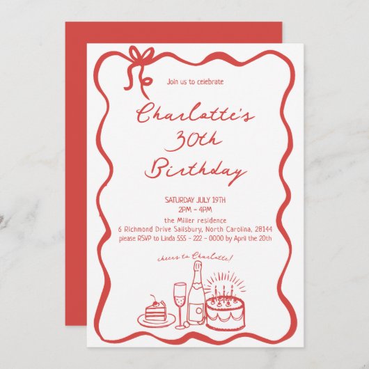 RED Hand Drawn 30th Birthday Invitation 招待状 (正面/裏面)