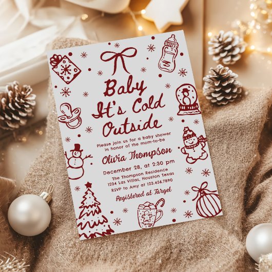 Red Hand Drawn Baby It's Cold Outside Baby Shower 招待状