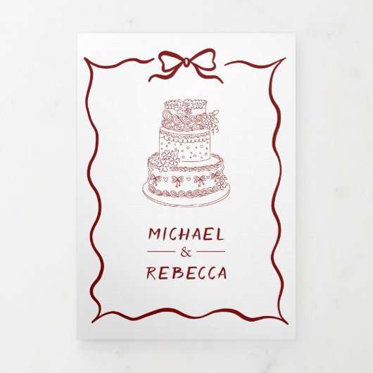 Red Hand Drawn Bow QR Code Photo Wedding 三つ折り招待状 (カバー)