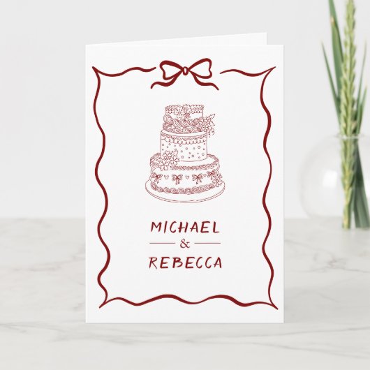 Red Hand Drawn Bow QR Code Photo Wedding 招待状 (正面)