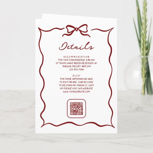Red Hand Drawn Bow QR Code Photo Wedding 招待状 (裏面)