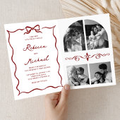 Red Hand Drawn Bow QR Code Photo Wedding 招待状