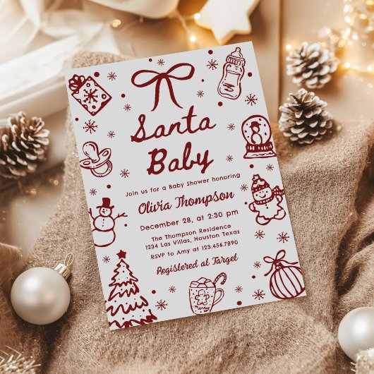 Red Hand Drawn Christmas Santa Baby Shower 招待状