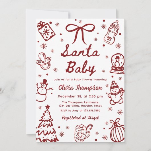 Red Hand Drawn Christmas Santa Baby Shower 招待状 (正面)