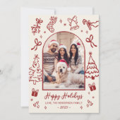 Red Hand-Drawn Doodle Arch Photo Christmas Happy シーズンカード (正面)