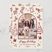 Red Hand-Drawn Doodle Arch Photo Christmas Happy シーズンカード (正面/裏面)