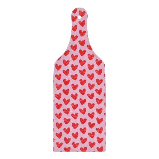 Red Hand-Drawn Doodle Hearts Pattern on Pastel Pin カッティングボード (正面)