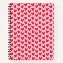 Red Hand-Drawn Doodle Hearts Pattern on Pastel Pin ノートブック