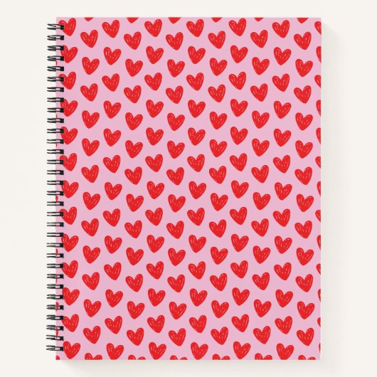Red Hand-Drawn Doodle Hearts Pattern on Pastel Pin ノートブック (正面)
