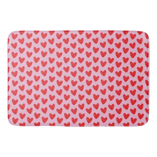 Red Hand-Drawn Doodle Hearts Pattern on Pastel Pin バスマット (正面)