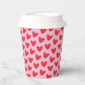Red Hand-Drawn Doodle Hearts Pattern on Pastel Pin 紙コップ (正面)