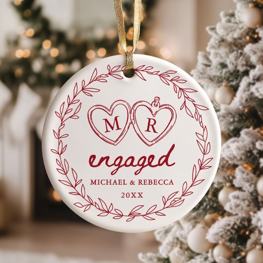Red Hand Drawn Engaged Christmas セラミックオーナメント