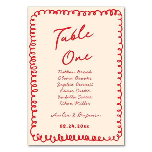 red hand drawn heart whimsical wedding テーブルナンバー (正面)