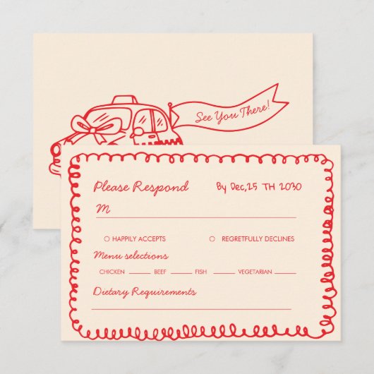  red hand drawn heart whimsical wedding 出欠カード (正面/裏面)