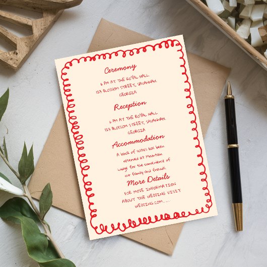 Red hand drawn heart Whimsical Wedding  招待状