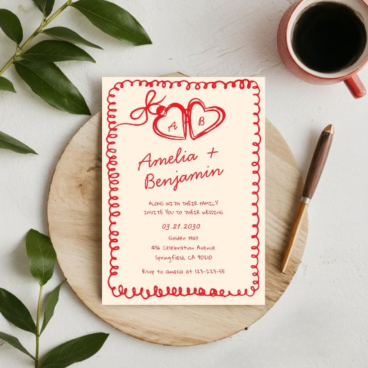 red hand drawn heart Whimsical Wedding  招待状