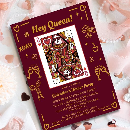 Red Hand Drawn Queen Of Hearts Galentine's Party 招待状