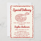 Red Hand Drawn Special Delivery Pizza Baby Shower 招待状 (正面)