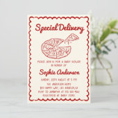 Red Hand Drawn Special Delivery Pizza Baby Shower 招待状 (スタンド正面)