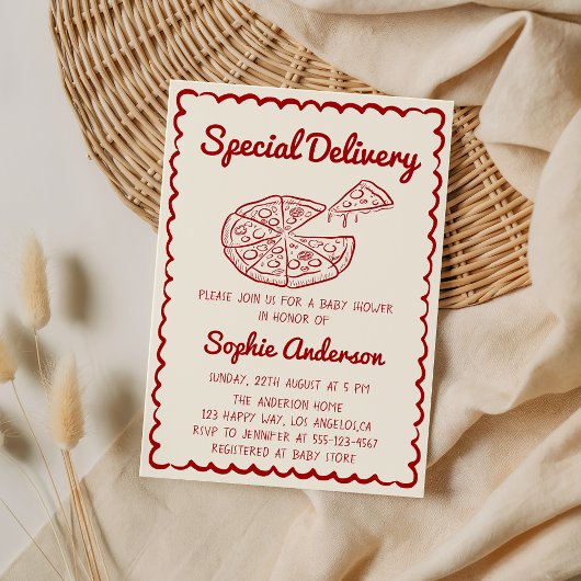 Red Hand Drawn Special Delivery Pizza Baby Shower 招待状