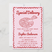 Red Hand Drawn Special Delivery Pizza Baby Shower 招待状 (正面)