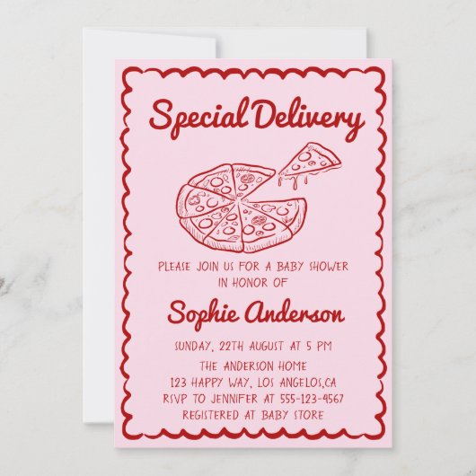 Red Hand Drawn Special Delivery Pizza Baby Shower 招待状 (正面)