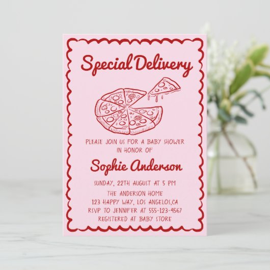 Red Hand Drawn Special Delivery Pizza Baby Shower 招待状 (スタンド正面)