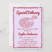 Red Hand Drawn Special Delivery Pizza Baby Shower 招待状 (正面)