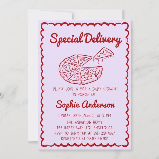 Red Hand Drawn Special Delivery Pizza Baby Shower 招待状 (正面)