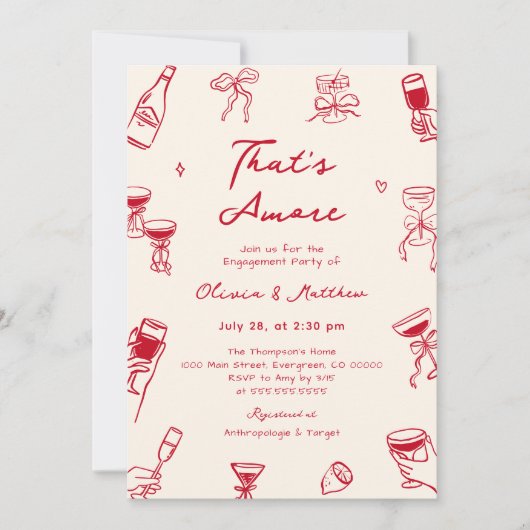 Red Hand Drawn That's Amore Engagement Party 招待状 (正面)