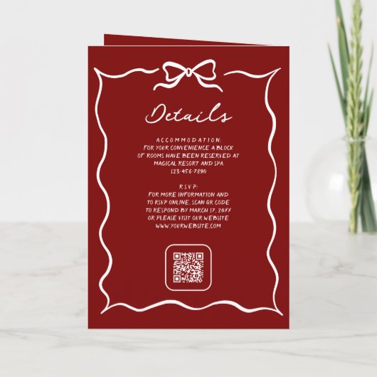 Red Hand Drawn White Bow QR Code Photo Wedding 招待状 (裏面)