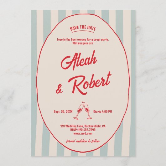 Red Handwriting Blue Stripes Retro Save the Date 招待状 (正面)