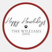Red Happy Howlidays Paw Print Round Sticker ラウンドシール (正面)