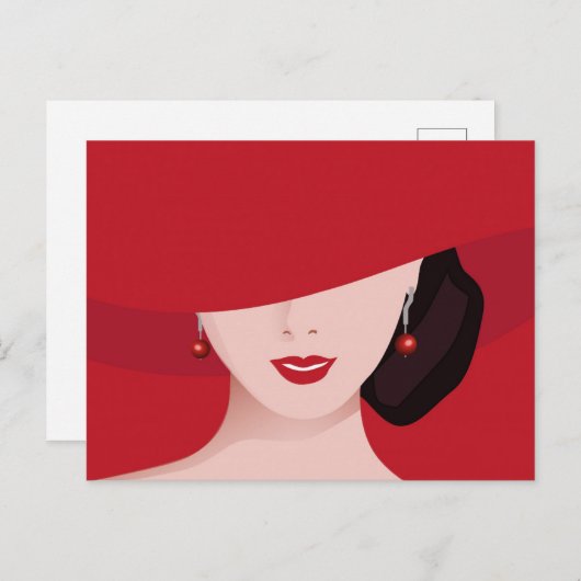 Red Hatの女性レトロアート ポストカード (正面/裏面)