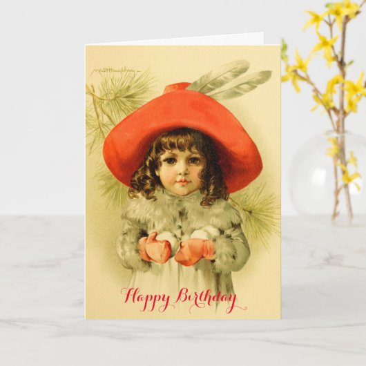 Red HatのSnowball小さな女の子遊を使用した誕生日 カード (黄色い花)