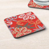 Red Hawaiian Japanese Kimono Design Floral コースター (左側)