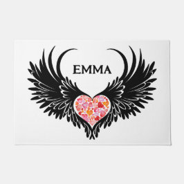 Red heart angel black wings ドアマット