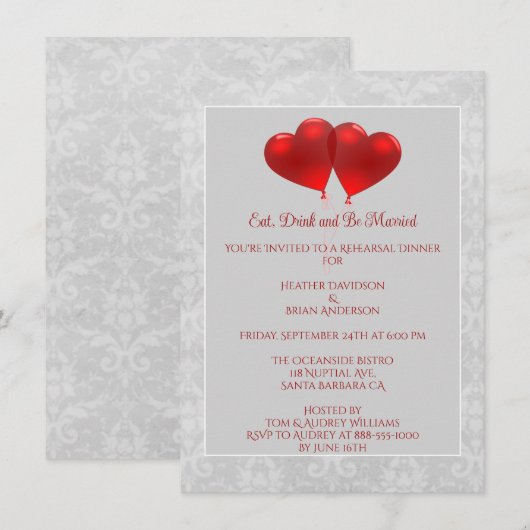 Red Heart Balloons Rehearsal Dinner Invitation 招待状 (正面/裏面)