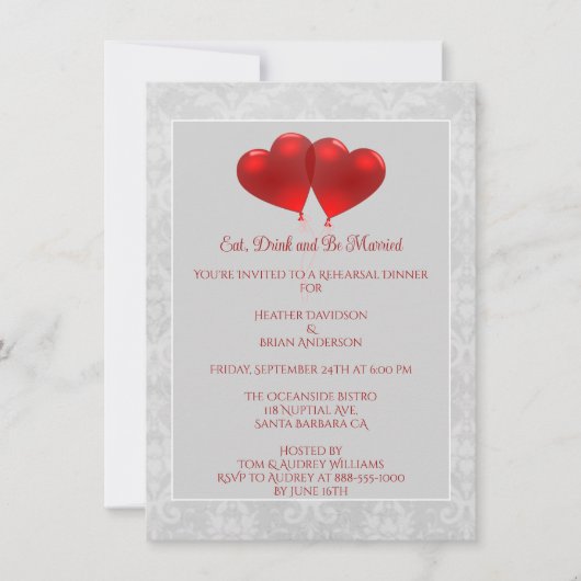 Red Heart Balloons Rehearsal Dinner Invitation 招待状 (正面)