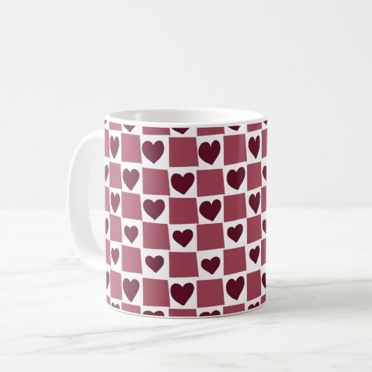 Red Heart Checkerboard Pattern コーヒーマグカップ (正面左)