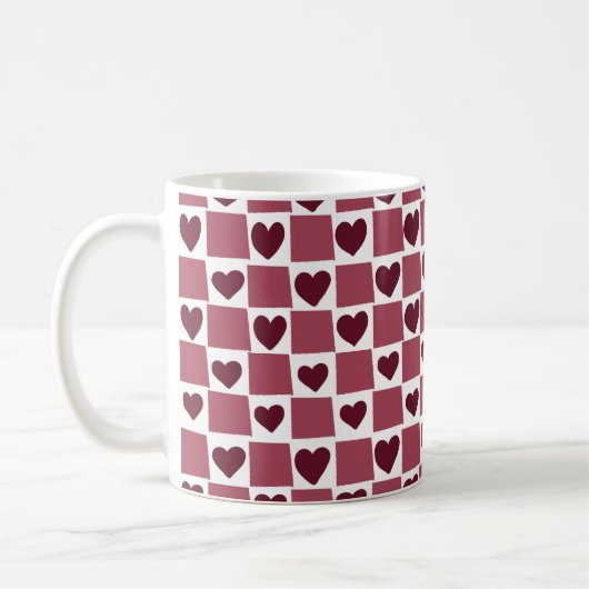 Red Heart Checkerboard Pattern コーヒーマグカップ (左)