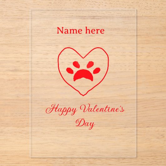 Red heart dog cat paw happy Valentine's day name  アクリル招待状 (正面)
