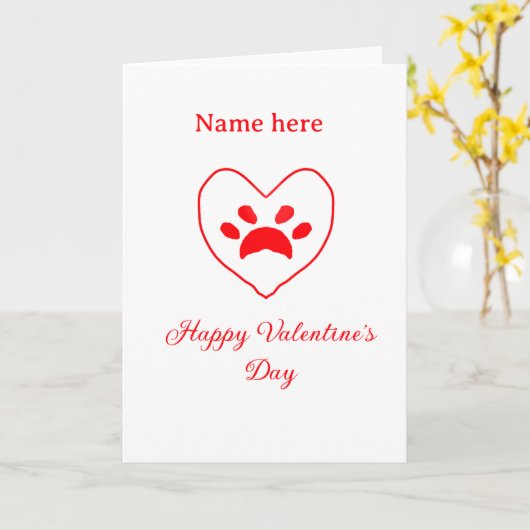 Red heart dog cat paw happy Valentine's day name  カード (黄色い花)