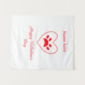 Red heart dog cat paw happy Valentine's day name  タペストリー (正面(横))