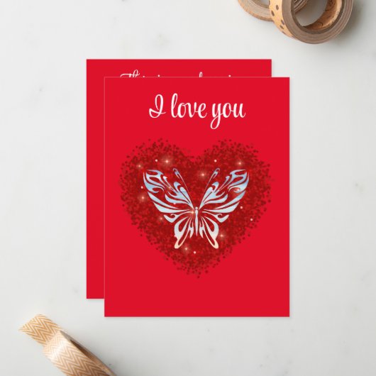 Red heart glitter butterfly ノートカード (正面/裏面インサイチュ)