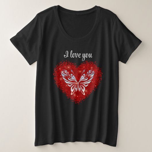 Red heart glitter butterfly プラスサイズTシャツ (デザイン正面)