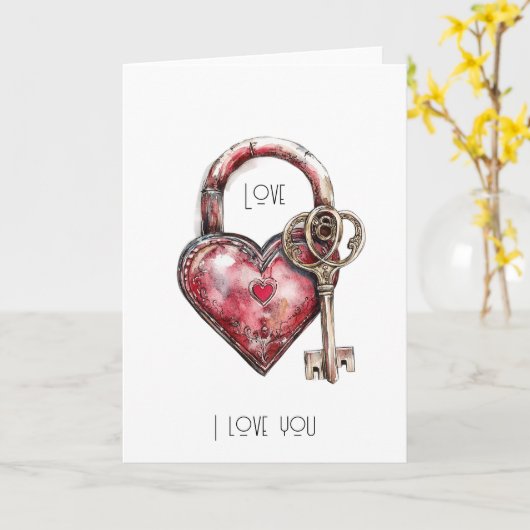 Red Heart Lock & Key Love カード (黄色い花)