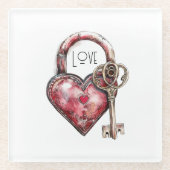 Red Heart Lock & Key Love ガラスコースター (正面)