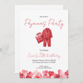 Red Heart Pajamas Sleepover Birthday 招待状 (正面/裏面)
